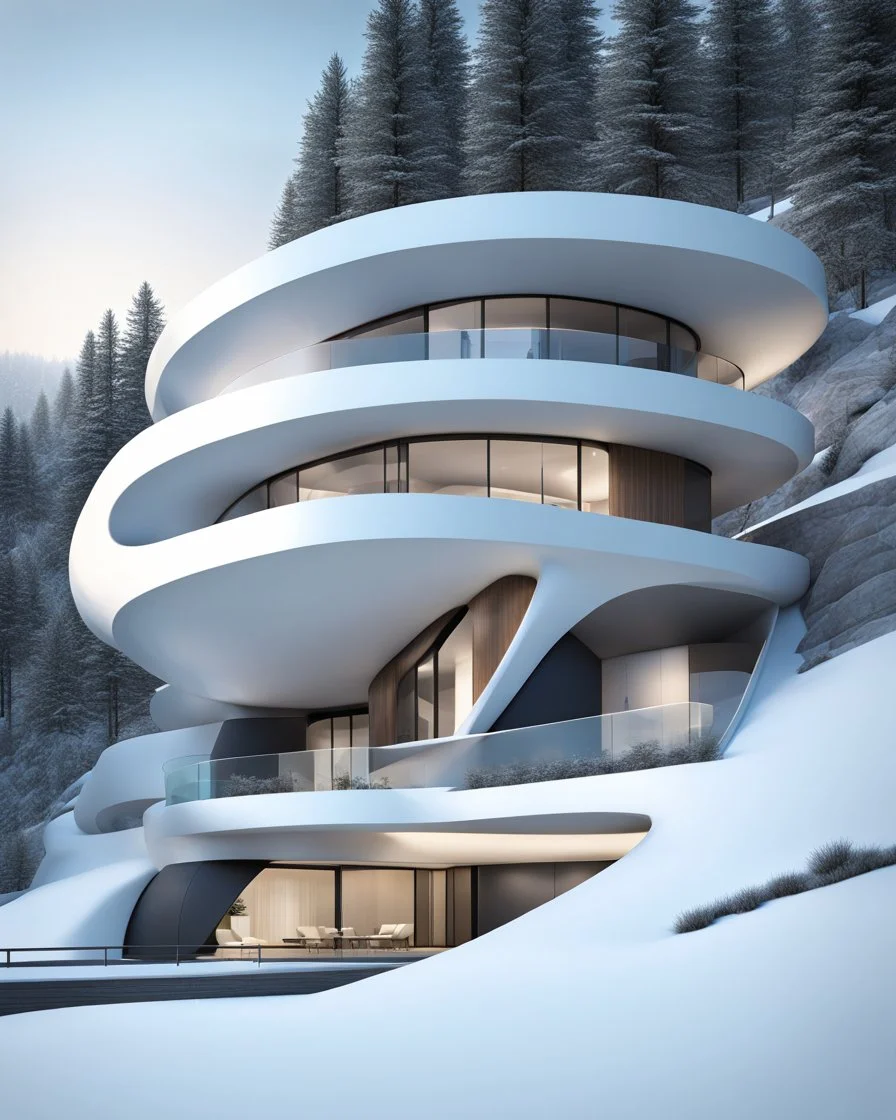 casa pequeña en una pendiente, en forma ovalada y redonda, estilo Zaha Hadid, calidad ultra, arte digital 3D, 8k