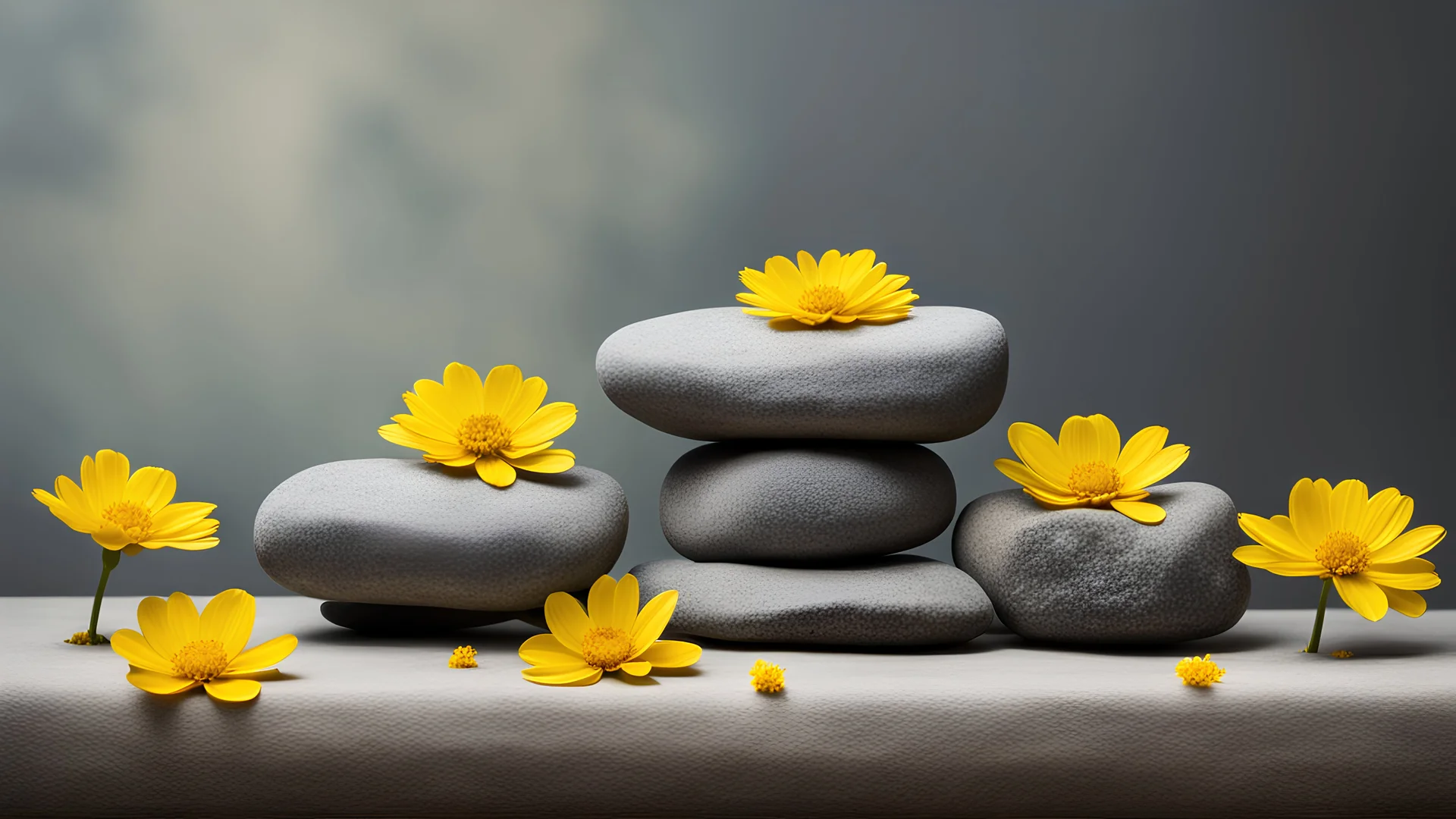 A mesmerizing composition showcasing three stacked rocks adorned with vibrant yellow flowers. Inspired by Herb Aach's iconic style, this winning photograph exudes the essence of soft Zen minimalism. The balanced colors create a harmonious atmosphere against a serene, natural background. Immerse yourself in the deep spirituality evoked by this stunning art piece.