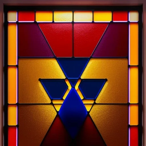 Hyper realistic piet mondrian stained glass window with lead, 4k, sunny day outside, ambient glow