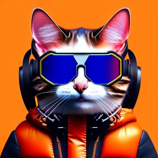 Scottish cat toddler, smile, cyberpunk headphone, sunglass, gangsta neckless, full body, orange puffer jacket, tokio background, dramatic lighting, hyper realistic, unreal engine 5, 16k