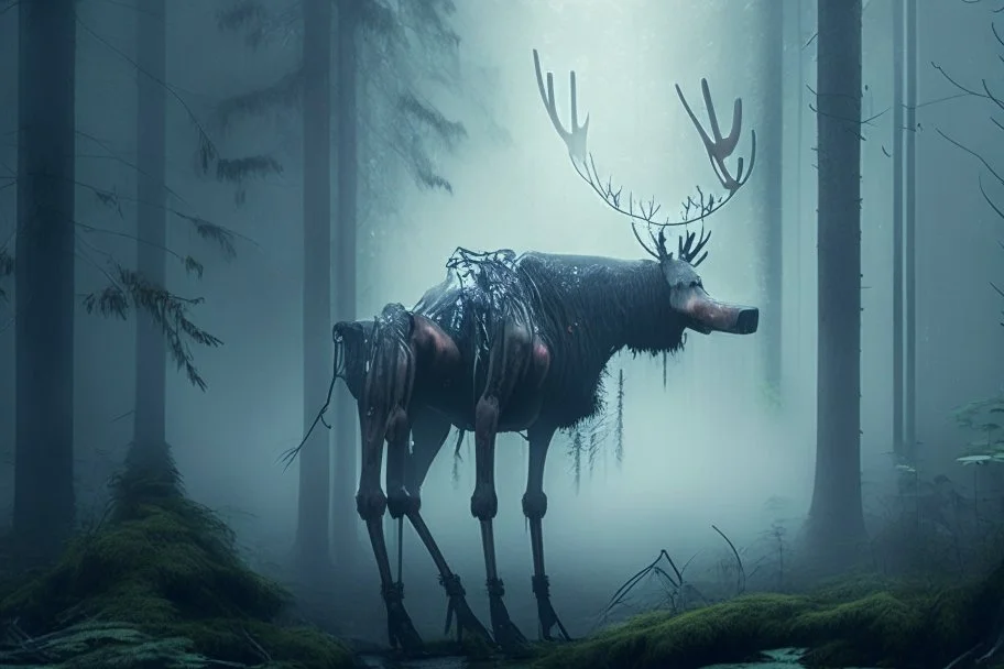 moose with exoskeleton in lush misty forest