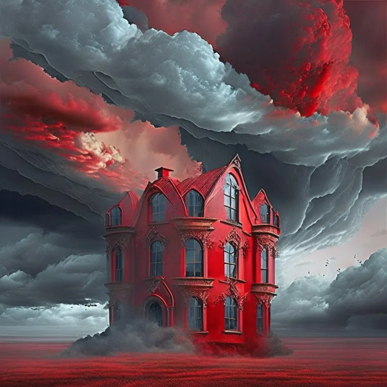 Add more windows to the design. change the sky to a decadent red, storm clouds.