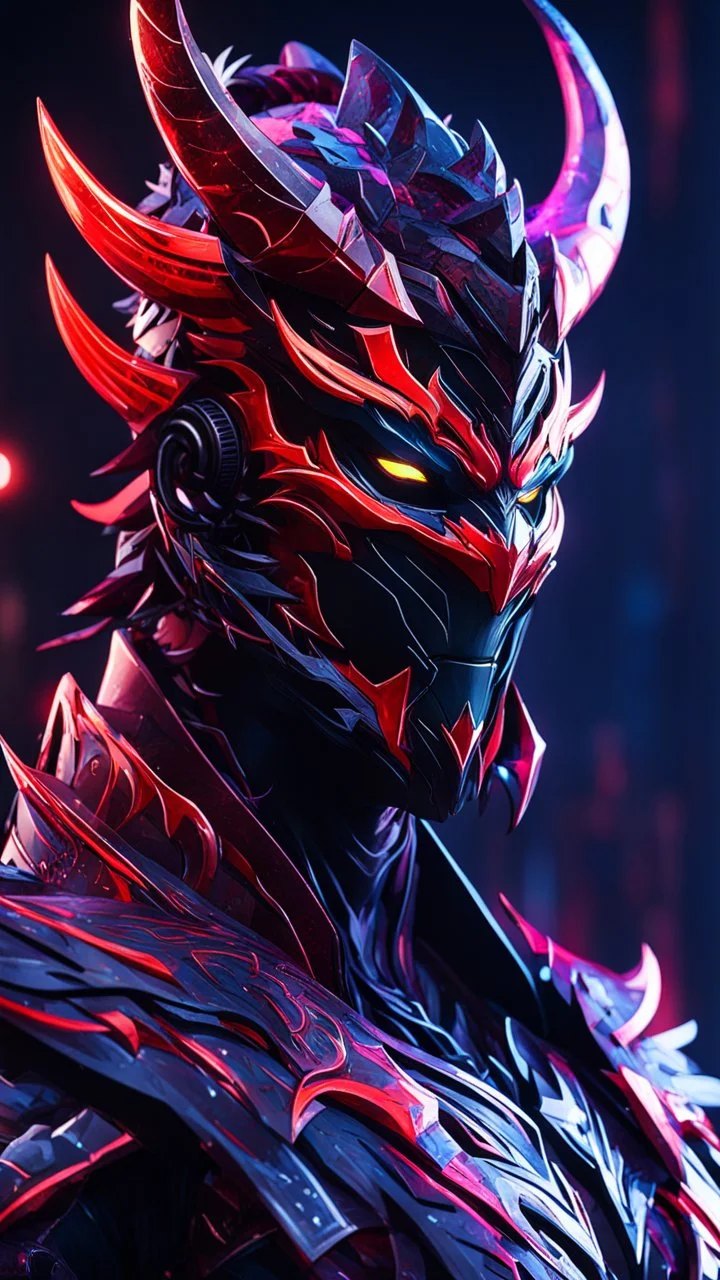 Carnage oni in 8k solo leveling shadow artstyle, ronin costum, galaxy mask, cover face, dynamic pose, oshare kei, hurufiyya, rtx , neon lights, intricate details, highly detailed, high details, detailed portrait, masterpiece,ultra detailed, ultra quality