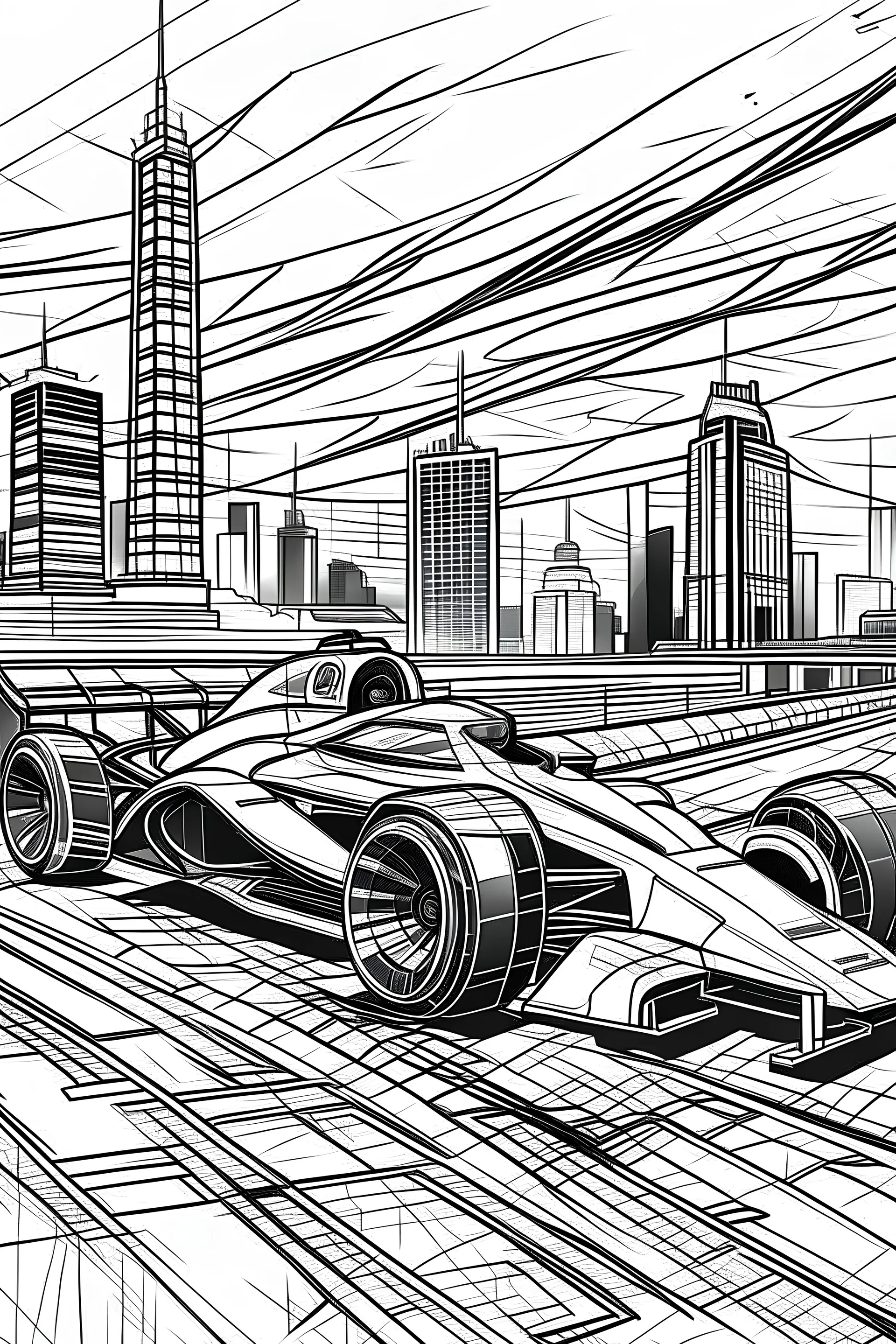 racing cars of the future style future city background only use outline clean line art , white background, no shadows , thicker line, no details end clear and well outlined full size