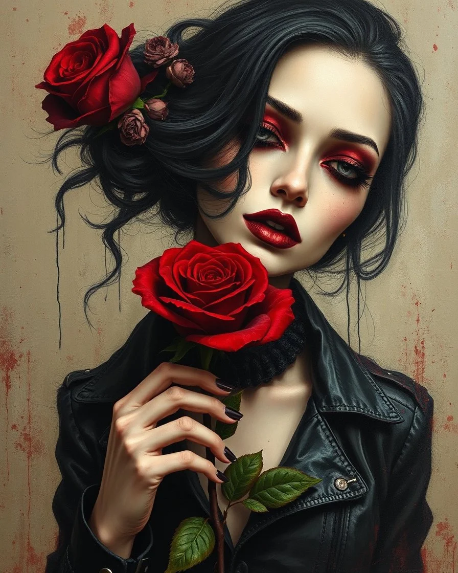 painting of a woman gothic style make up and leather jacket holding a dark red rose , surrealist painting, surrealist artwork, emotional bsurrealist art, abstract surrealist, a surrealist painting, surrealist art , abstract surrealism, abstract surrealism masterpiece, surreal painting, contemporary surrealism, magically shaped surrealism