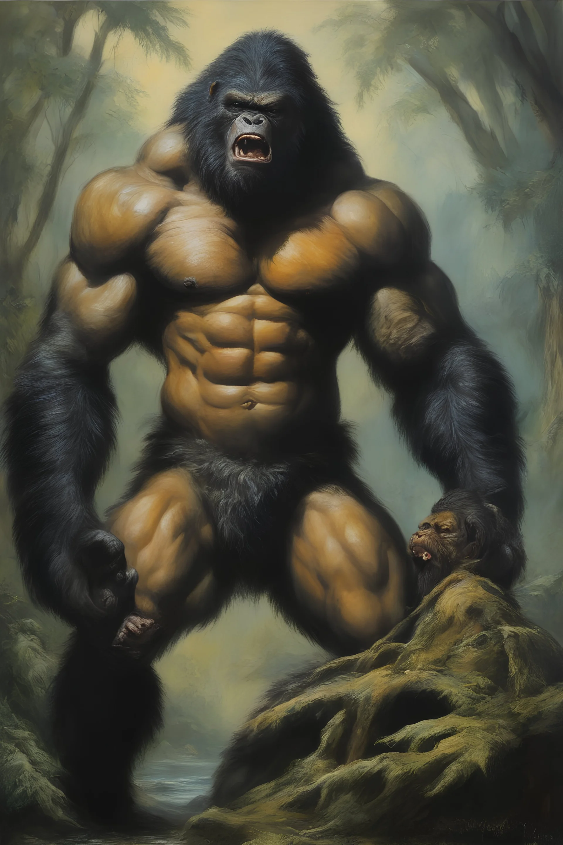 Tarzan and an extremely ugly werewolf gorilla - oil painting by Boris Vallejo