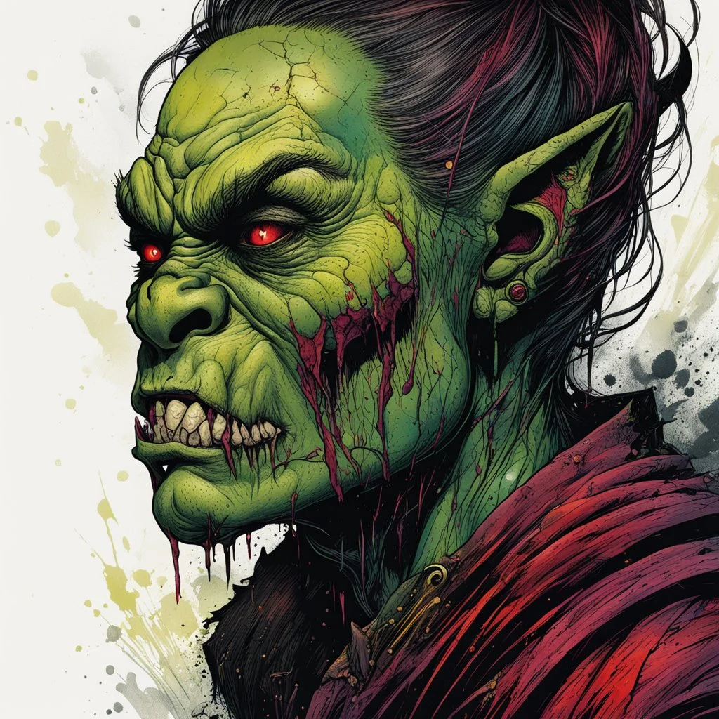 highly detailed color woodcut concept illustration of a world weary, female Orc character , maximalist, sharp focus, highest resolution, in the styles of Alex Pardee, Denis Forkas , Bill Sienkiewicz, and Masahiro Ito, boldly inked, 8k, coarse, gritty textures
