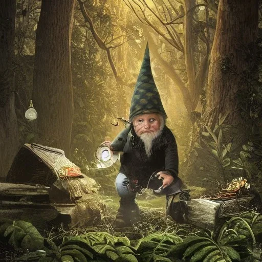 punk gnome playing dj set, magic luminous forest background, digital Art, perfect composition, beautiful detailed intricate insanely detailed octane render trending on artstation, 8 k artistic photography, photorealistic concept art, soft natural volumetric cinematic perfect light, award - winning photograph, masterpiece, raphael, caravaggio, greg rutkowski, beeple, beksinski, giger, chiaroscuro, pixar