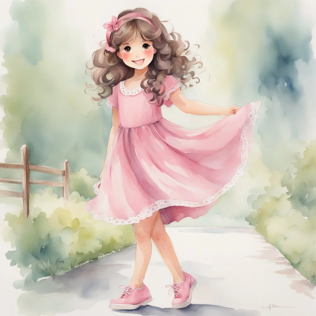 watercolor, full body, cute smile girl, curly hair, big eyes, long brown hair, pink dress, pink shoes