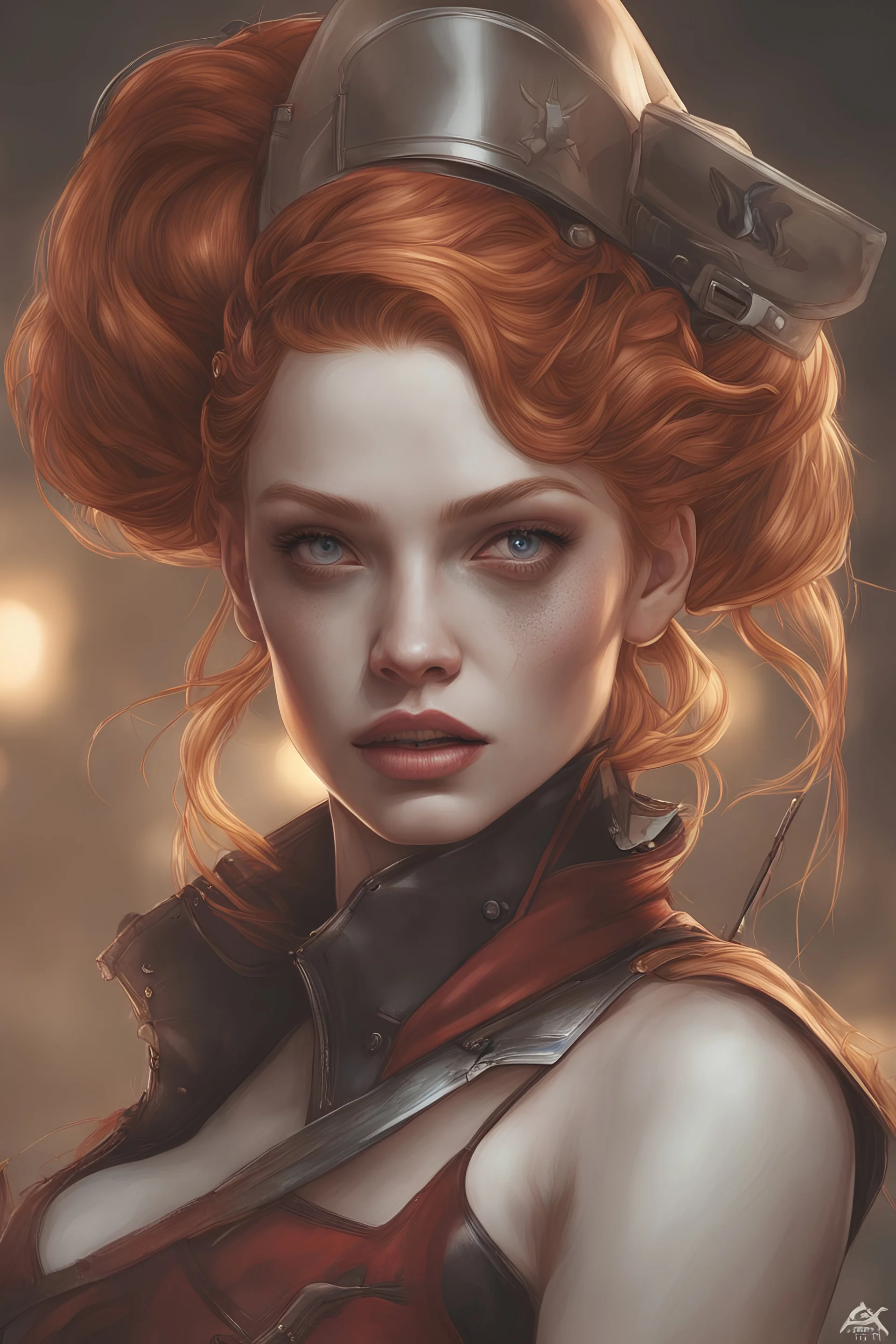 Harley Ginger hair Alexandra "Sasha" Aleksejevna Luss Suicide Squad: Kill The Justice League psychology erect oil paiting by artgerm displayresolution concept art Greg Rutkowski, Artgerm, WLOP, Alphonse Mucha dynamic lighting hyper detailed intricate detailed attractive detailed render eye candy breathtaking on