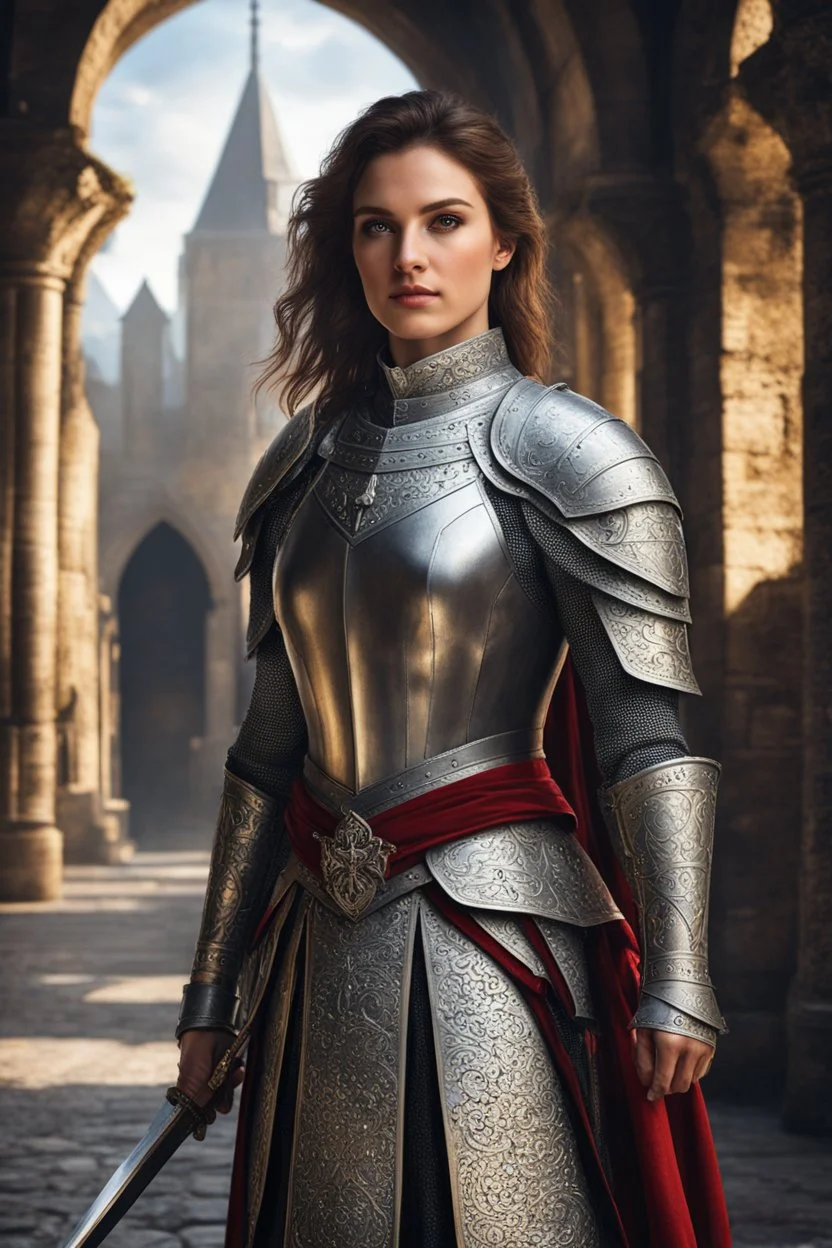 female noble templar knight, fantasy setting, medieval, year 1800, 8k, high detail, intricate, cinematic background, facing viewer