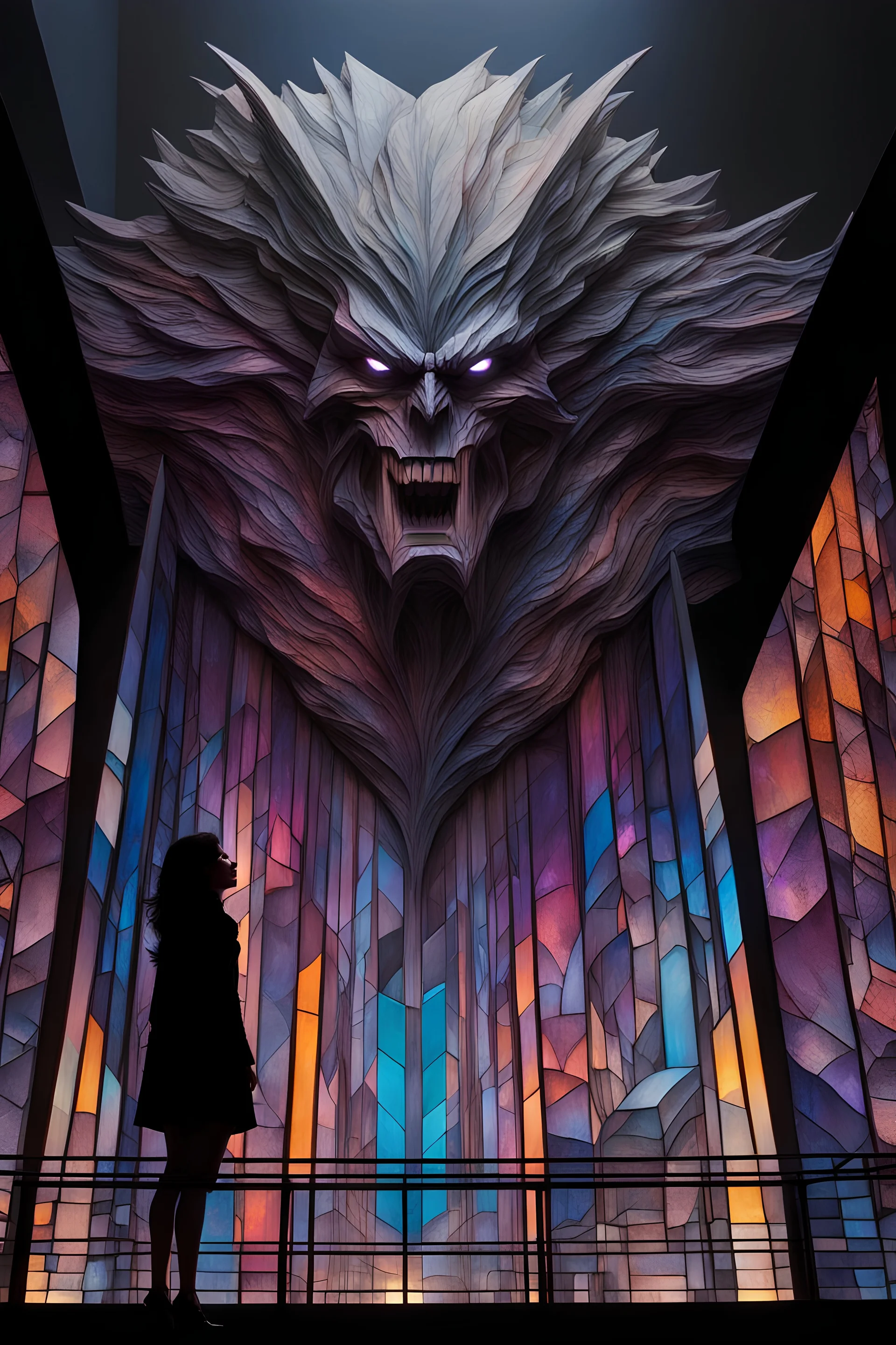 a multicolored, stained, spectral, glass fragment, prism, 3D sculpture, Batman, a woman with black hair standing on the precipice of looking down into the void below with an absolute look of horror on her face while a giant, snarling werewolf rears up behind her