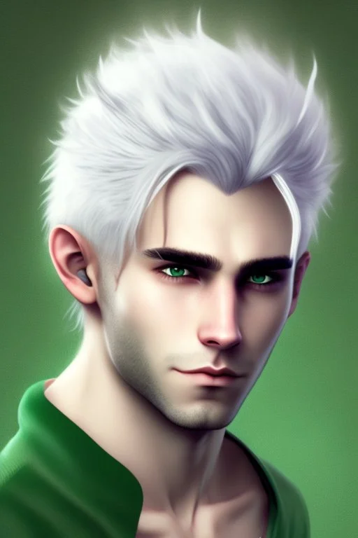 A young adult man with messy white hair and white cat ears, green eyes