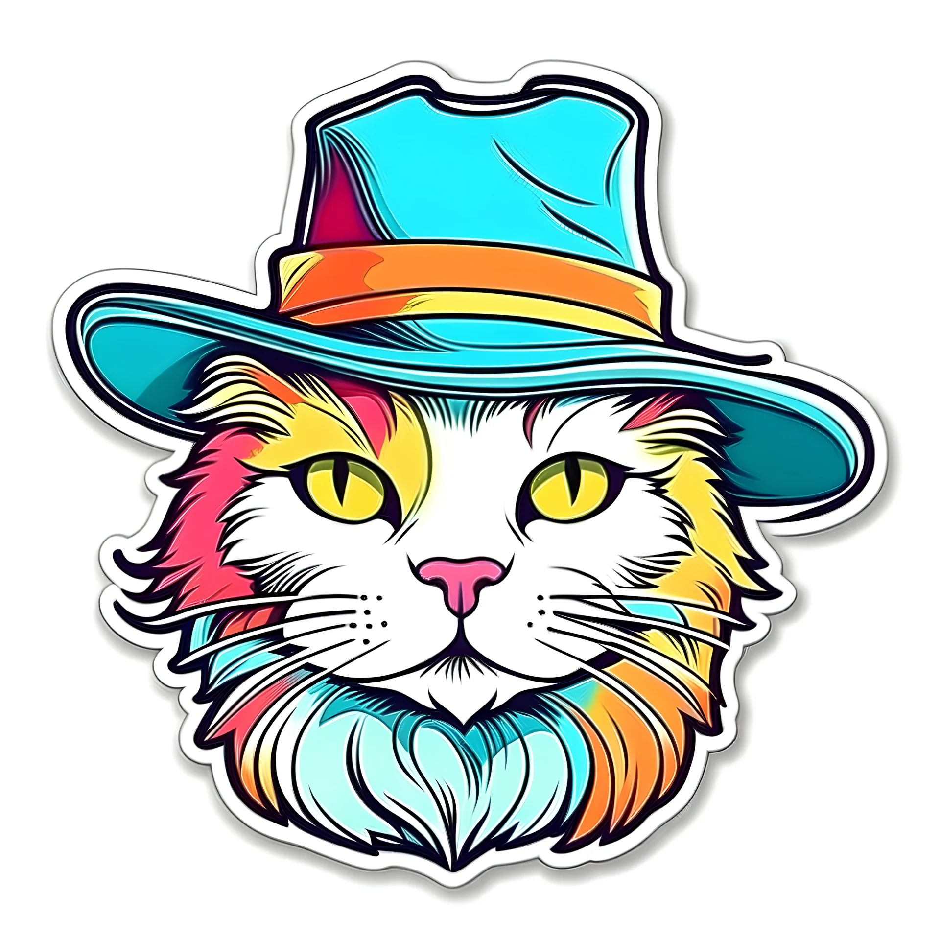 STICKER, HAPPY COLORFUL CAT WEARING A HAT, CONTOUR, VECTOR, WHITE BACKGROUND