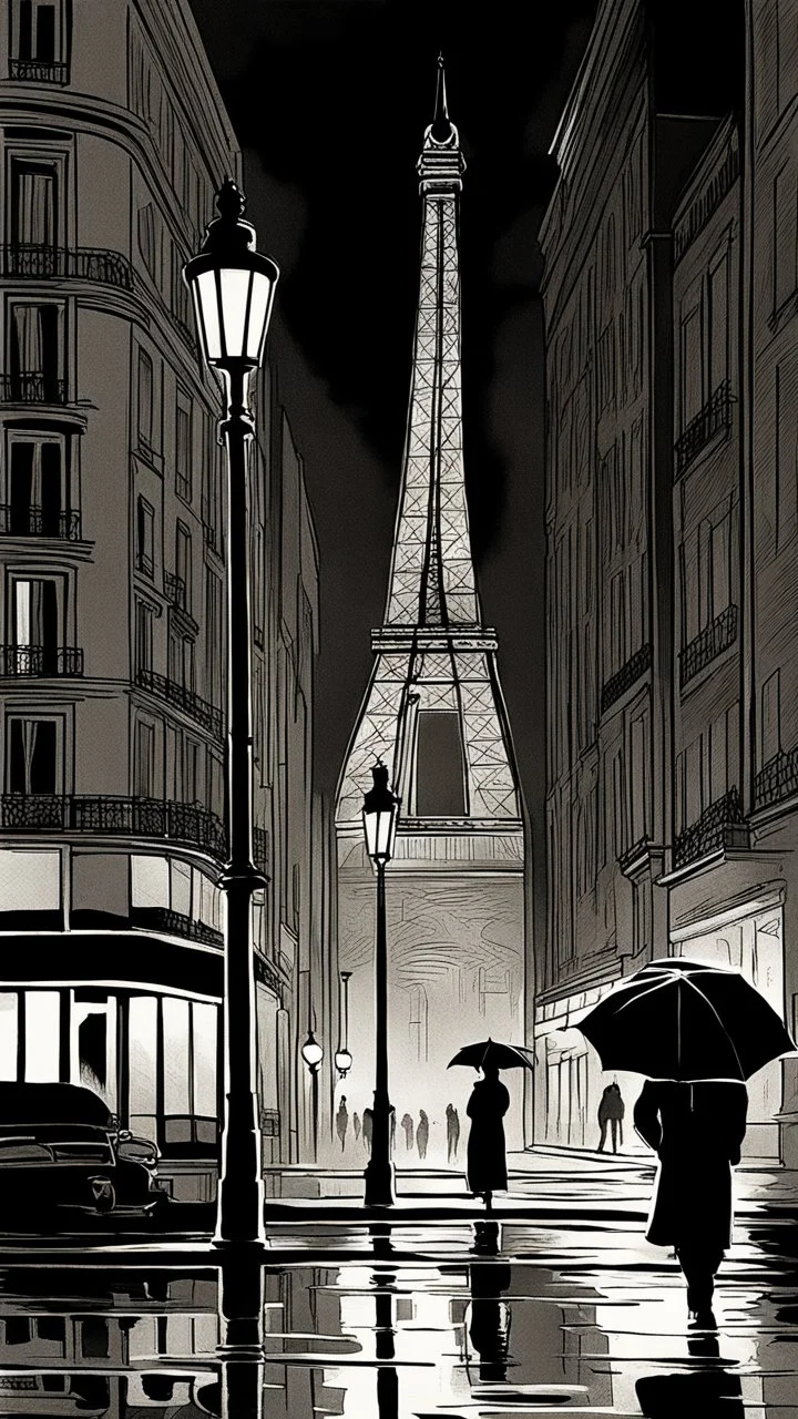 An atmospheric, Paris Eiffel Tower fine lines draw noir-style illustration of a rainy cityscape at night, featuring glowing streetlights reflecting off the wet pavement, towering Art Deco skyscrapers, and a statue evoking a sense of intrigue and timelessness.