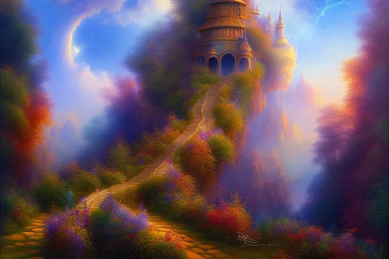 mythical long stairway up to heaven in the sky, beautiful colours, romanticism, fantasy, Neo-Impressionism, fine art