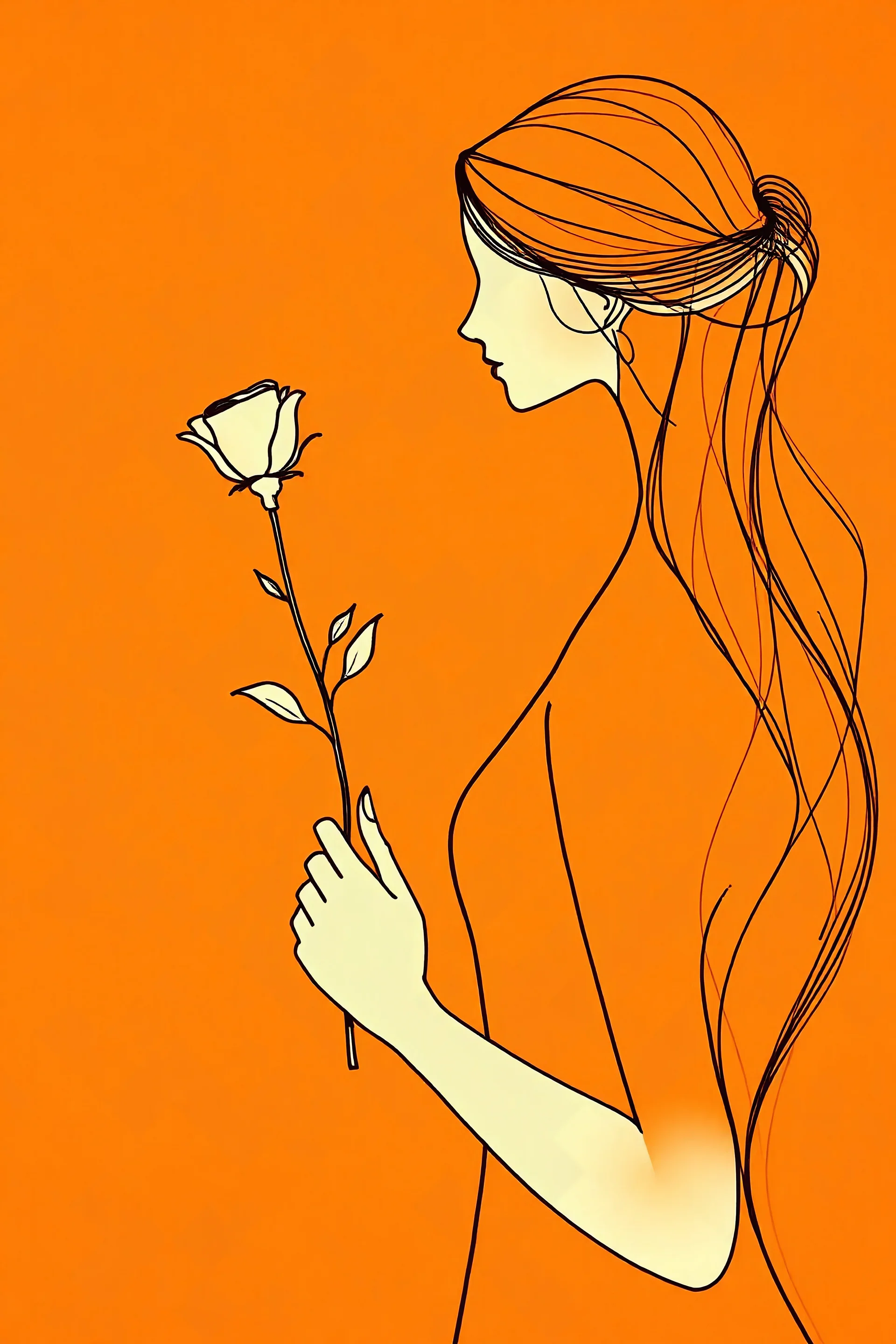 (single line minimalist drawing:1.3) in (black ink:1.2) on (vibrant orange canvas:1.3), depicting a (graceful woman:1.2) holding a (delicate rose:1.1). The composition highlights the (fluidity of lines:1.3) and the (contrast of colors:1.2), capturing the essence of beauty in a (monochromatic color scheme:1.3) that emphasizes simplicity, elegance, and emotional depth.