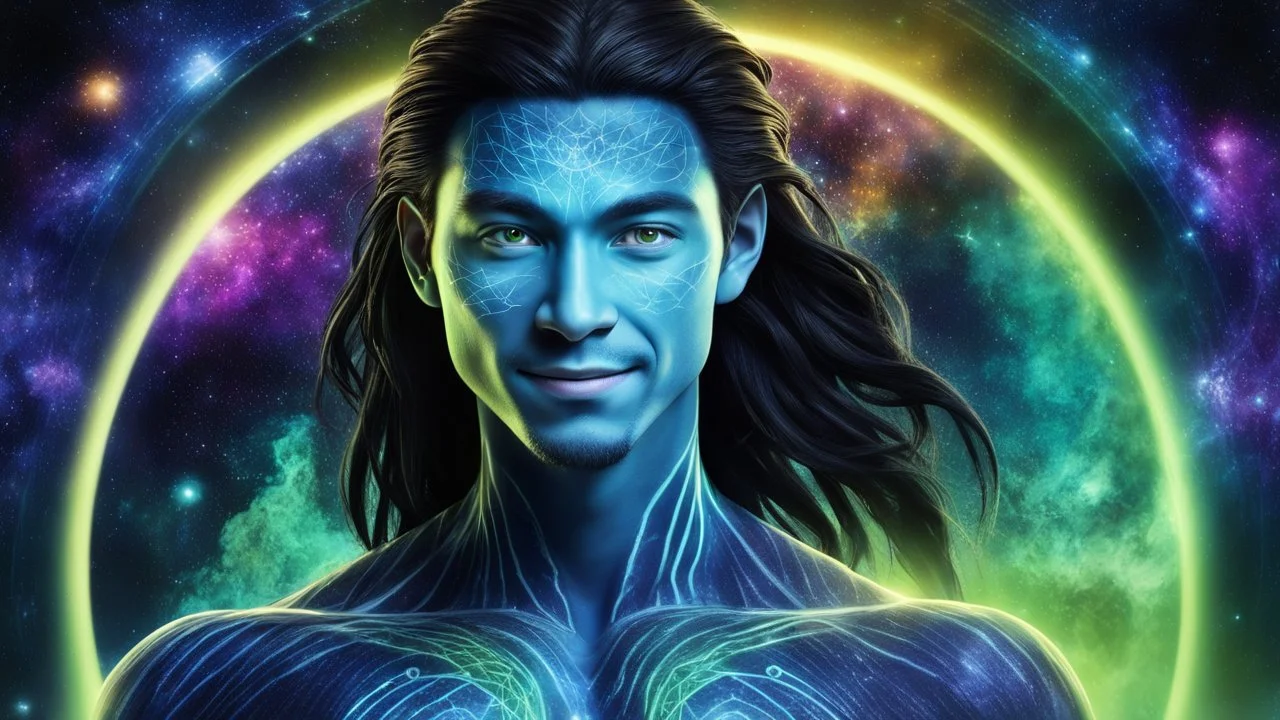 beautiful gorgeous young man na'vi with long hair, Avatar, blue skin, two small ears, green eyes, black hair, in cosmic suit, galactic ambiance, medium pointy goatee , smiling, nebulas and sacred geometry light figures on the backgroud,