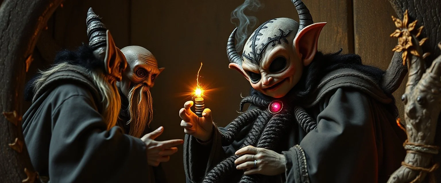 pin hole picture, miniatures on fake scene,master oil painting by Rembrandt, good afternoon bitch scary dark elf character aged matron malice talking to dark elf half spider priests , close up portrait of a cunning knitted doll performing a double suplex while to explain something weird, they all have strange multi colored magical auras