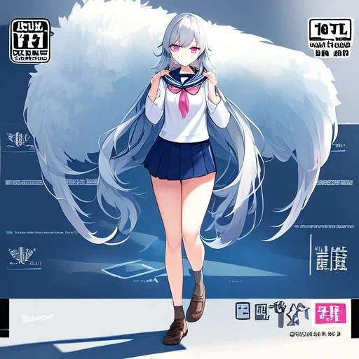 Clear focus,High resolution, grey long fluffy hair, long fluffy bangs, pink eyes, wearing a school outfit, full body, front hair cover eyes, holding hair, wearing a short skirt