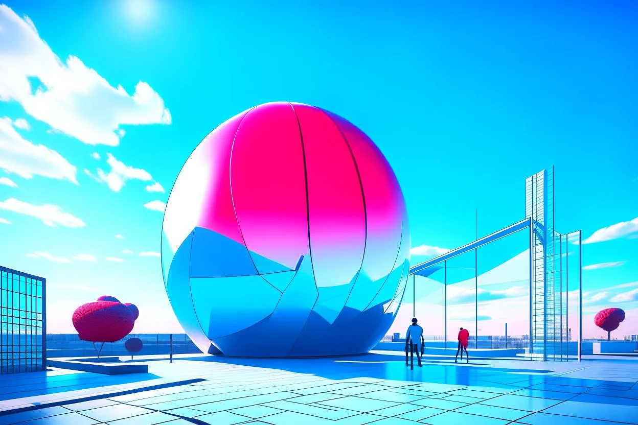 3D representation of architectural wonder, with a concrete design and matte reddish glass that contrasts with the light blue sky, emphasizing organic movement. Its design represents an ant with a bulbous tail and membrane wings with solar panels, its tail is made of concrete and glass. It stands out from pedestrians, creating a sense of scale. In open space, its use is a public place and as a great viewpoint in the mountains Combination of practicality and artistic expression in architecture