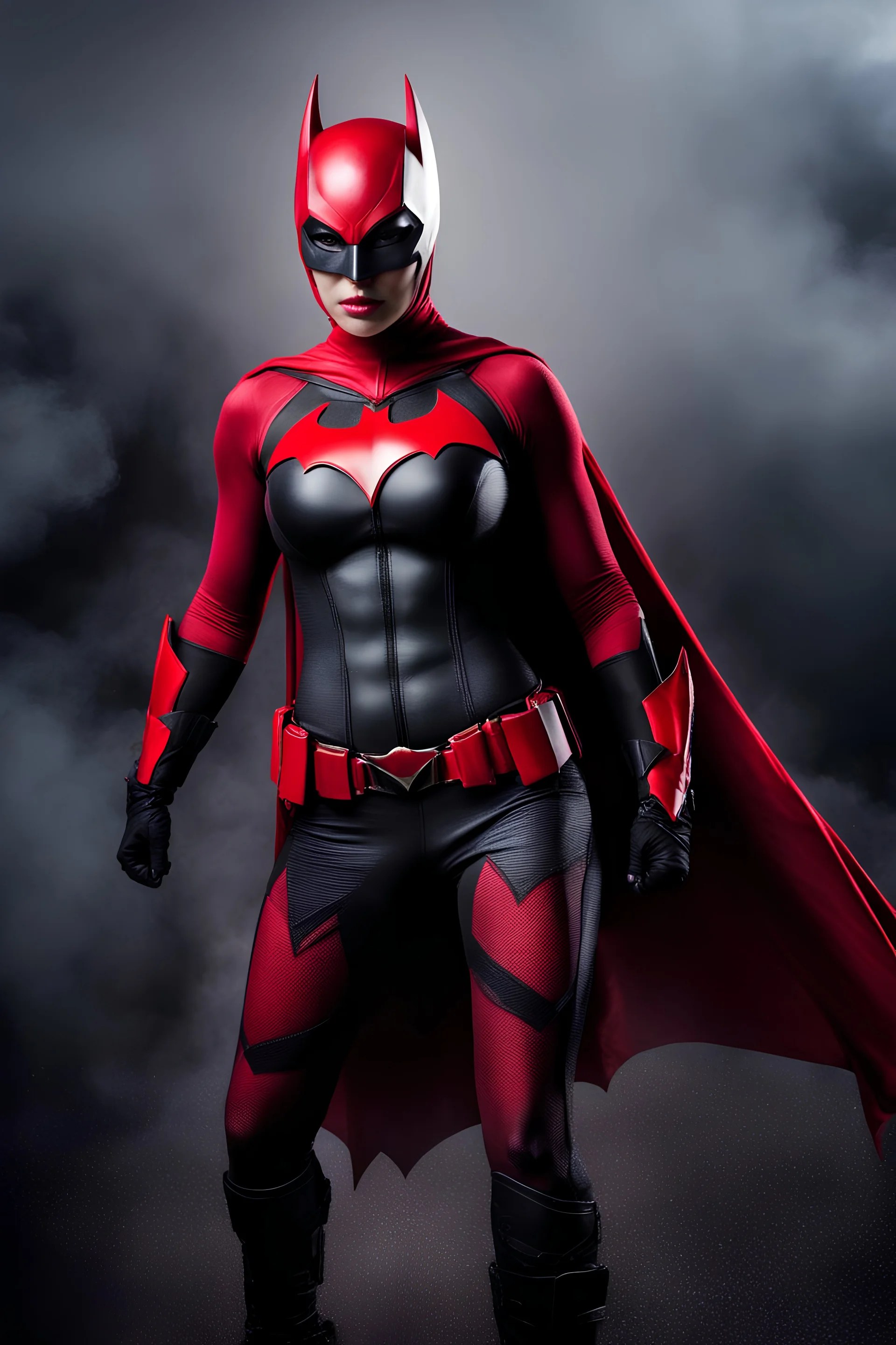 an extremely muscular Mina Shakespeare as Batwoman - gradated Background, professional quality studio 8x10 UHD Digital photograph by Scott Kendall - multicolored spotlight, Photorealistic, realistic stock photo, Professional quality Photograph. colored Fog - Multicolored lightning, 3D heart