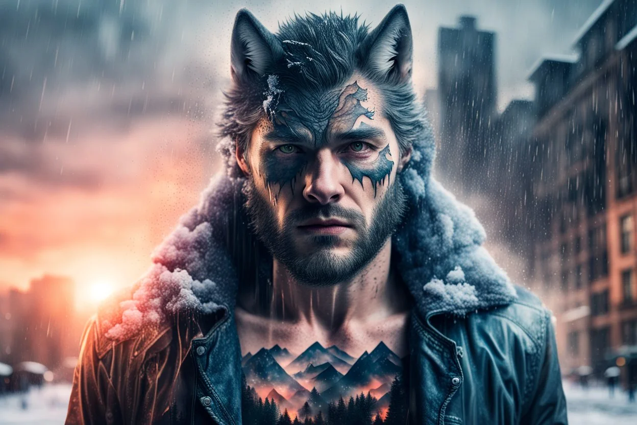 double exposure, Wolf Man, man, city, sunset, snow, rain, fantasy, mystical, tattoo, vertical pupils, high detail, high resolution, 8K