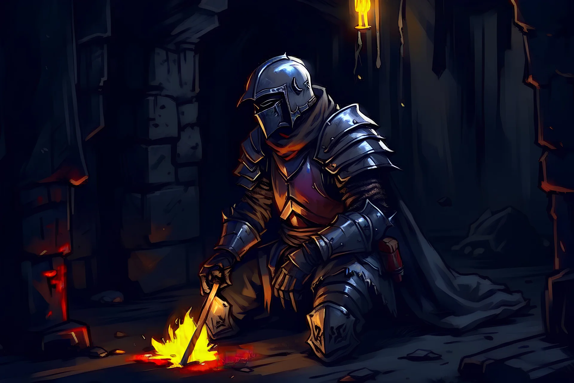 A Knight in damaged armour without his helmet finding a cave to rest for the night