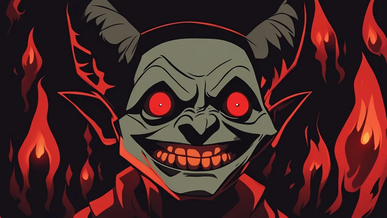 صورة الملف الشخصي المطلوبة هي رسم كرتوني يحمل تفاصيل مرعبة ومخيفة. تظهر الصورة شخصًا كرتونيًا في زاوية مظلمة، مع عيون مضيئة باللون الأحمر تشع نيرانًا داخلها. وجهه مليء بالظلال والتجاعيد، ويظهر وكأنه يبتسم بطريقة مرعبة. خلفه، تظهر خلفيات مظلمة ومشؤومة مع ظلال متشابكة، مما يخلق أجواءًا من الرعب والخوف.