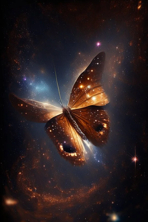 A light luminous brown butterfly in a galaxy of stars in space