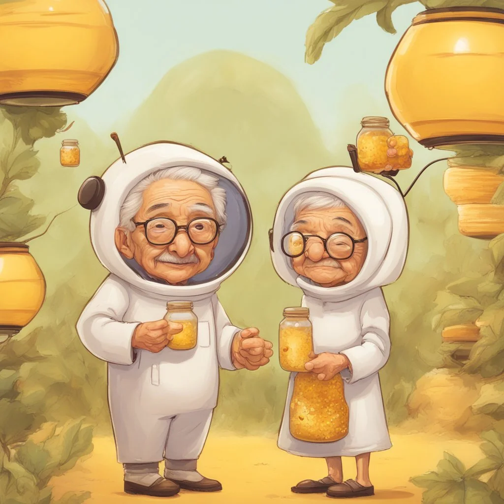 Grandpa and grandma healthy in a planet of honey stingless bee, realistic