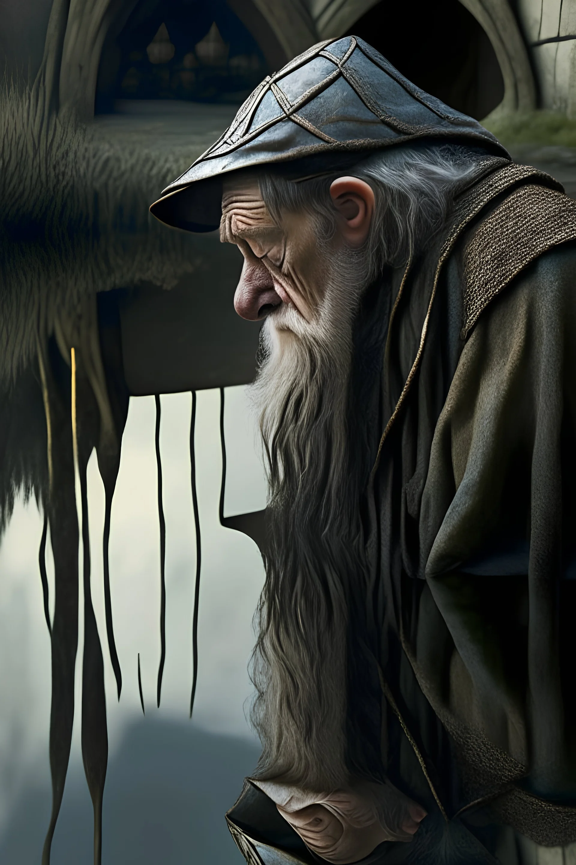 Generate an aging medieval busker staring at his reflection in a pond.