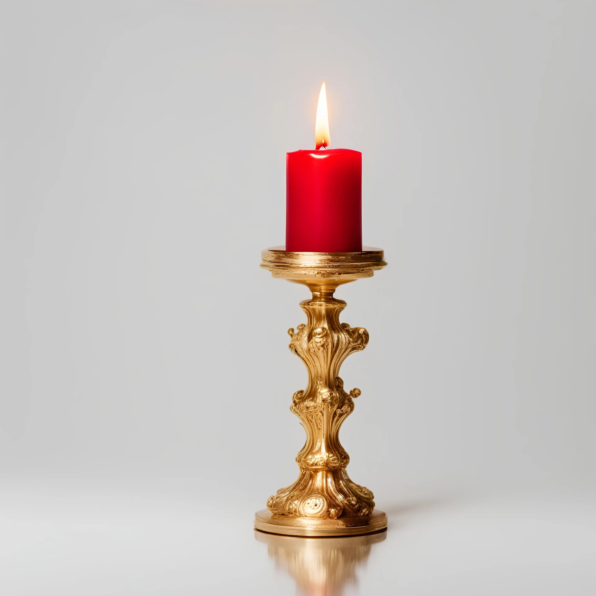 A red Valentine's candle on a gold candlestick on a white background