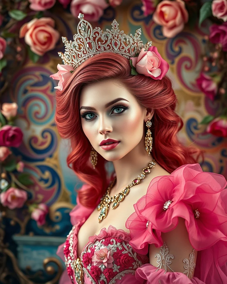 Gorgeous Realistic Photograph Pretty European Supermodel Beautiful, as Beautiful Princess Cinderella, a stunning adorned in vibrant luxury carnival attire,luxurious diamonds jewelrys,ethereal beauty, luxurious background, with swirling colors and fantastical tiny flowers, enchantment and grace, twisted vines, whimsical, surreal landscapes, emotive style, dreamlike quality, and magical realism, carnival red, ethereal pink, whimsical blue, vibrant green, celestial purple, golden amber, and shimmer