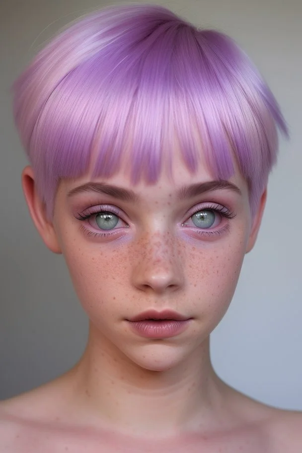 A young woman with lavender skin, purple eyes, pink hair in a pixie cut with pink freckles.