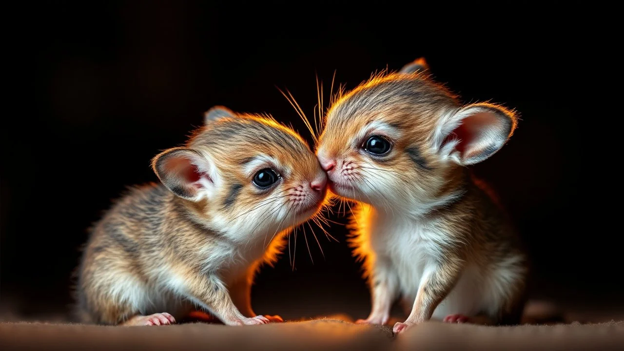 romantic photograph of two small animals in a loving relationship, halo lighting, detail, chiaroscuro, cute, touching, beautiful photo