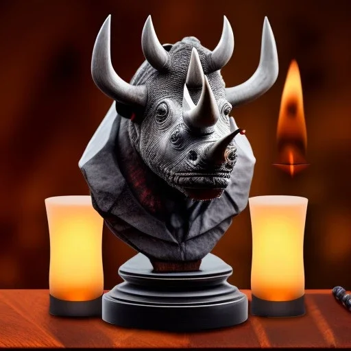 bust of rhino, ancient, magic,on dark wooden piano with drinking glass,compass,brilliance, candle, mead horn