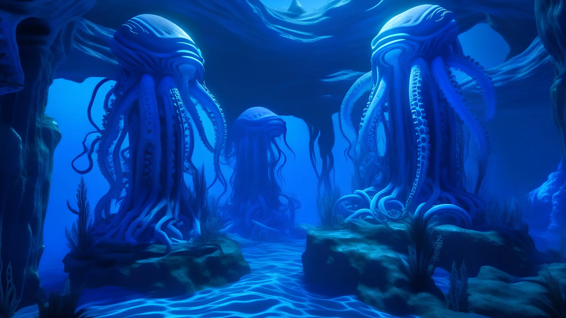 A blue underwater cove with tentacle statues