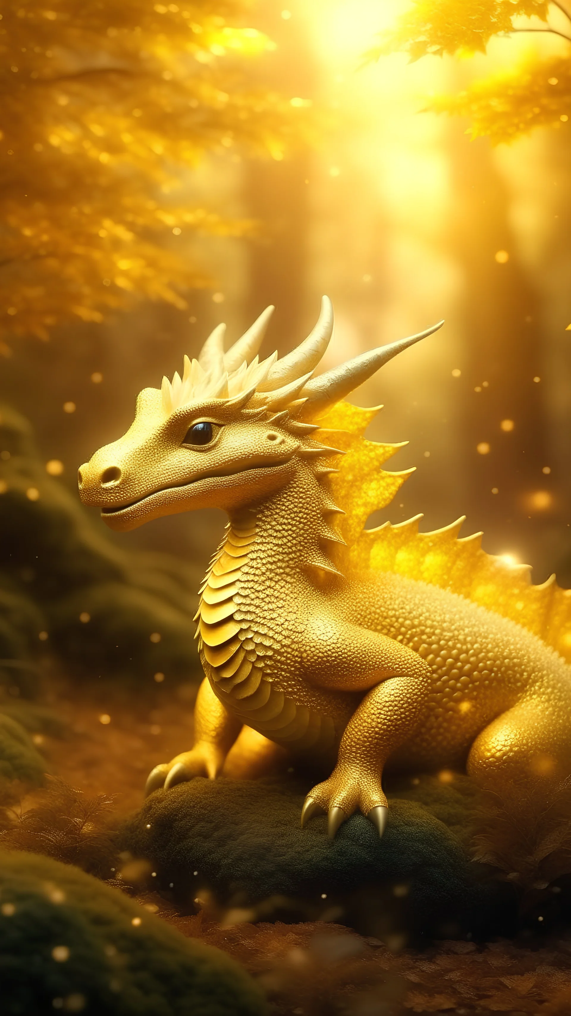 Photoreal close-up of enchanted baby dragon in a golden forest shrouded in sparkling luminescent mist.
