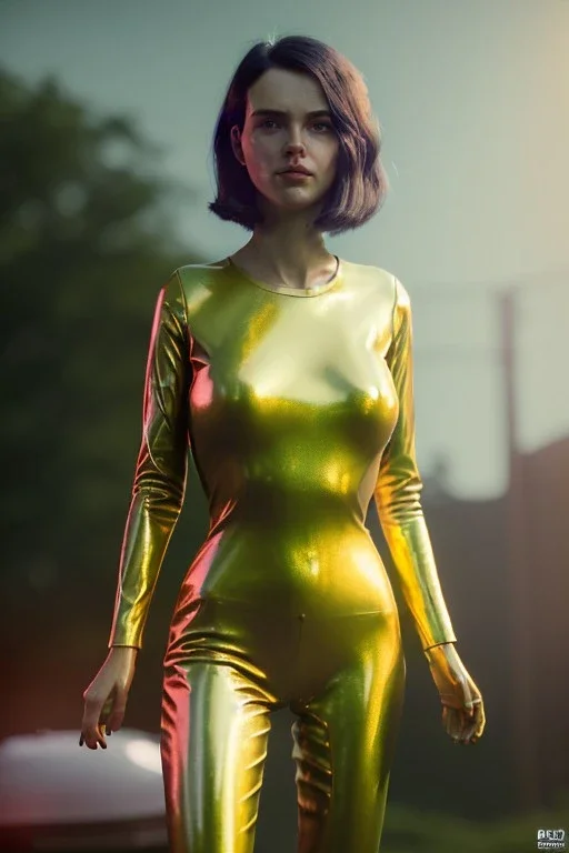 Ultra Realistic retro sci-fi, 1960 year, levitating all cars and a young woman quiet, latex suit, soft color, highly detailed, unreal engine 5, ray tracing, RTX, lumen lighting, ultra detail, volumetric lighting, 3d, finely drawn, high definition, high resolution.