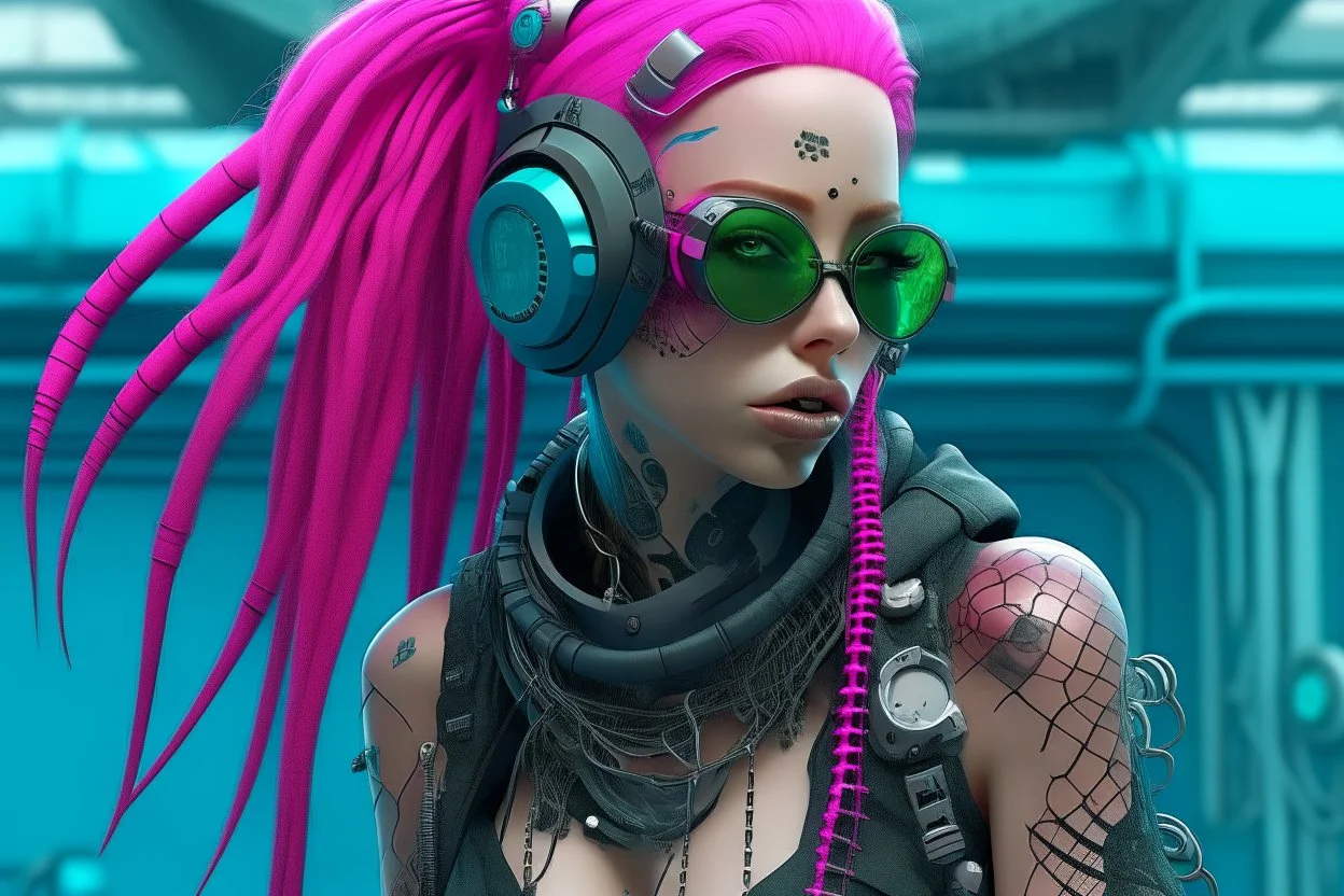 mermaid cyberpunk some fish scales on face pink hair dreadlock sunglasses entire body