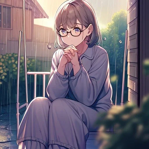 anime girl sitting on a porch swing of an old house, journaling, wearing pajamas, writing in a book, shes watching it rain, more detail on hands and her face,shes deep in her thoughts, wearing glasses, rain drops, she has a pencil in her hand and is writning in the book, she is looking down at what she is writing, lightning