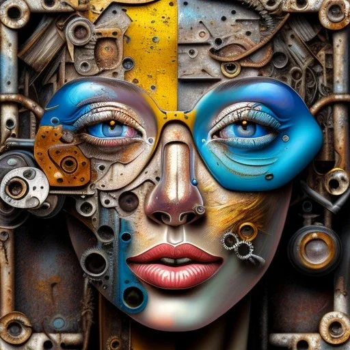 an abstract painting of rusted clocks, by lucian freud, rust, scaffolding, iron cladding, decay, mixed media, textured, anatomically correct, beautiful woman perfect face, blue eyes, sharp focus, highly detailed