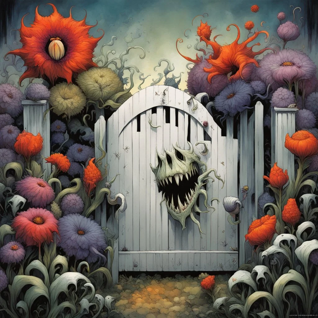 Intimidating surreal garden flowers with teeth and claws grow in front of a white picket fence gate, magical monstrous sentient flowers, by Dave McKean, by Michael Whelan, by Yves Tanguy, sinister, modern comic book art, reactive UV dark colors, palpable textures, Whelan's distinctive visceral style and detailed line work, rich sharp colors