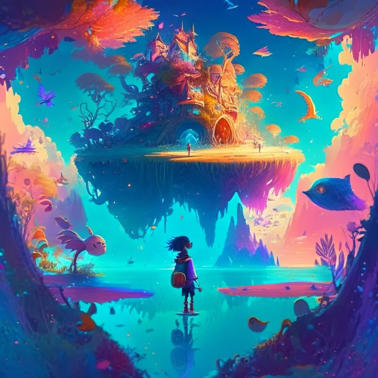 A vibrant, inspired illustration of a magical, dreamlike world, with floating islands, enchanting creatures, and a young protagonist embarking on a journey of self-discovery, evoking the imaginative and emotional storytelling found in animated cinema, 4k, high resolution, full details