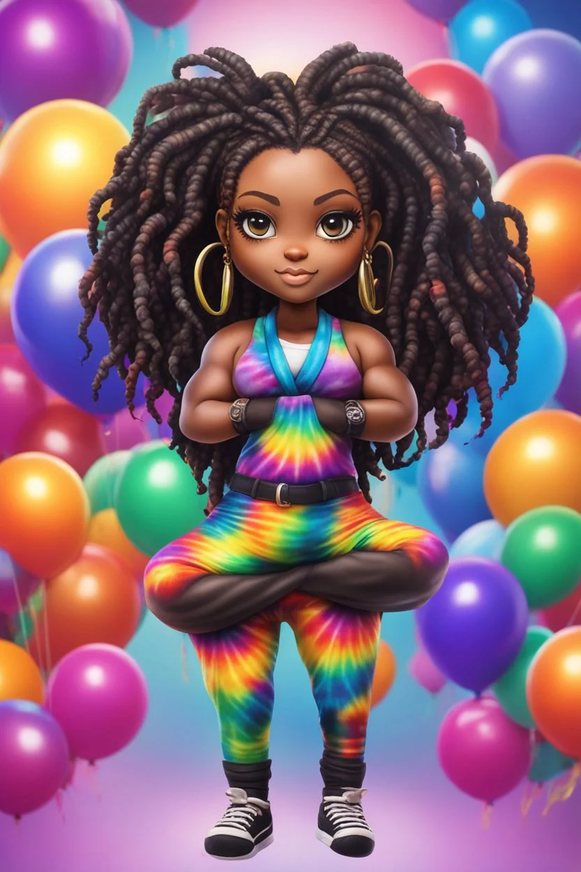 Create an airbrush image of a chibi black curvy female wearing a tie dye yoga outfit. Prominent make up with hazel eyes. Highly detail asymmetrical dread locs. background of colorful large ballons 2k