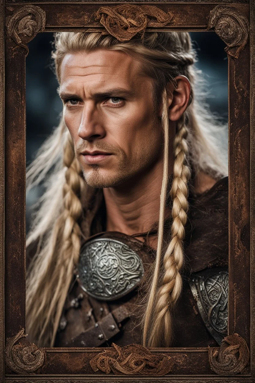 portrait of a 40 year old viking , long blond hair with Two braids hung down neatly in front of his ears. Rugged face with a scar. blonde beard, fantasy