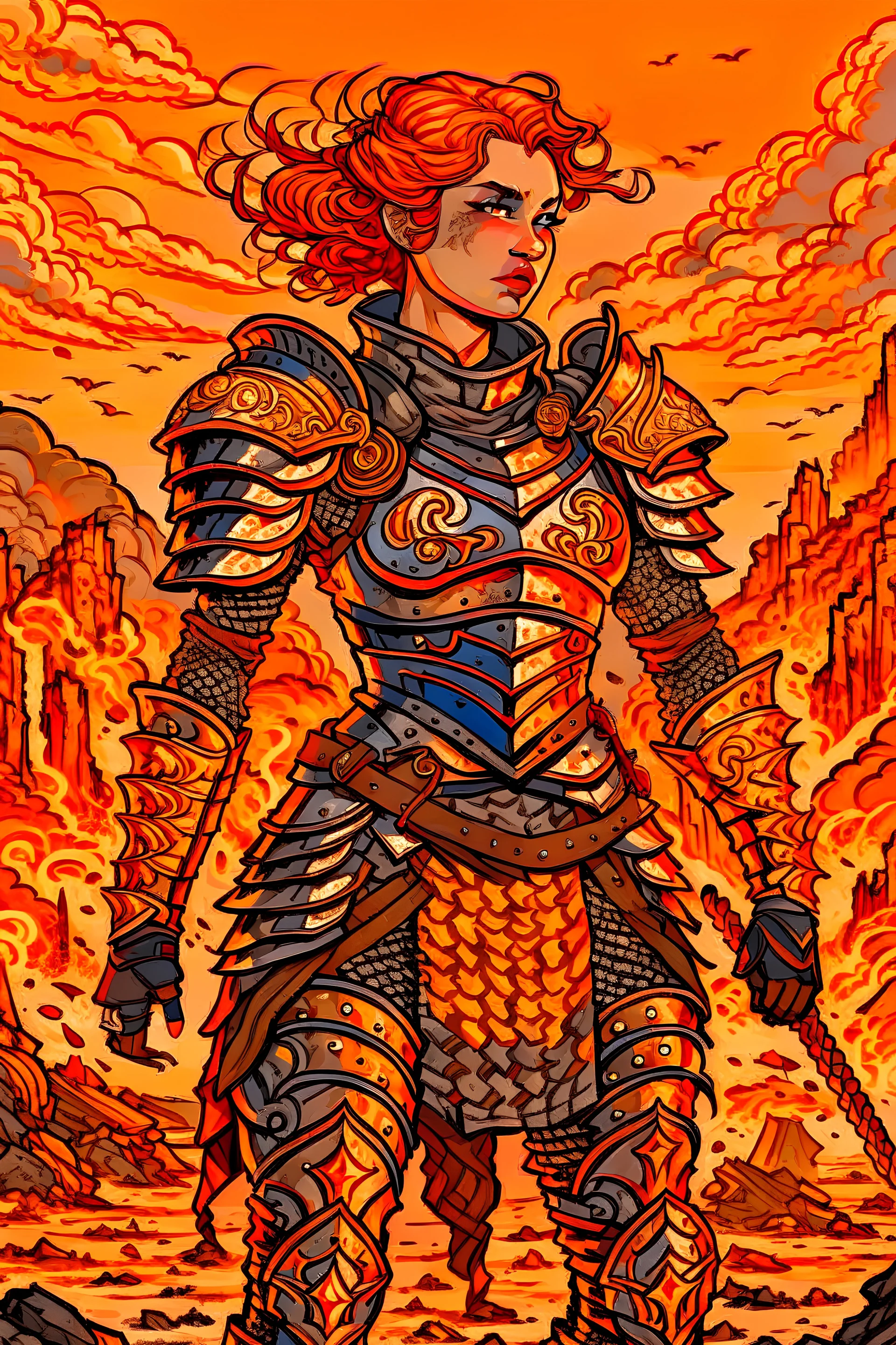 detailed illustration of ginger female divine paladin wearing full plate armor, heavily damaged armor, standing sad on a battlefield, battlefield on fire as background, dirt, misery and decadence, dark ambient, art by Mschiffer, tetradic colors,