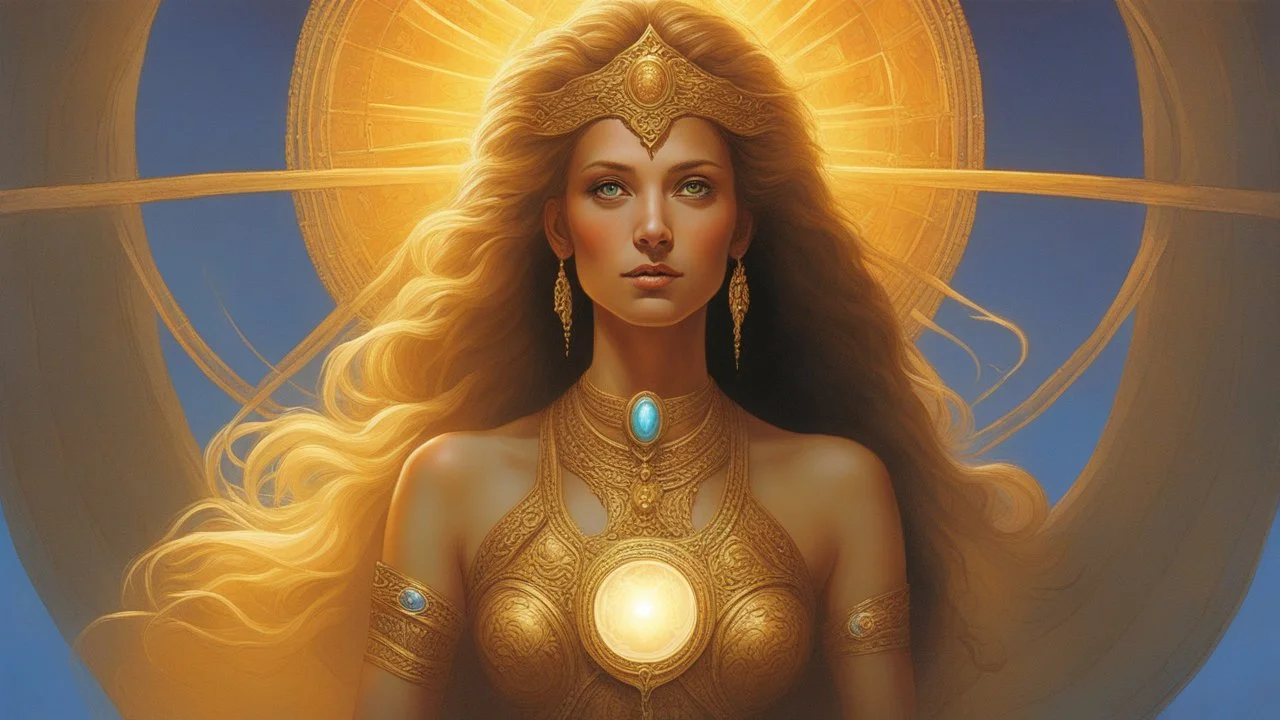 The stunning beautiful goddess of light. concept art, mid shot, intricately detailed, color depth, dramatic, 2/3 face angle, side light, colorful background. Painted by Michael Whelan