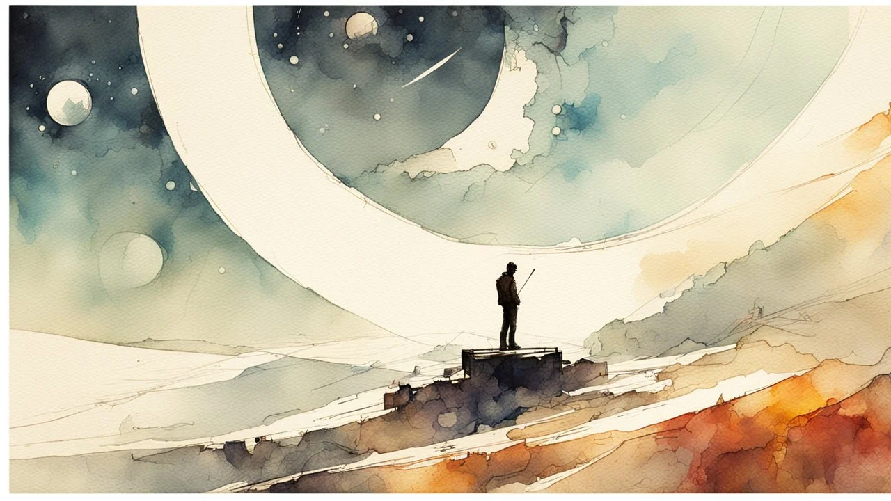 man and the universe, light watercolor sketch, by Leonid Afremov & Benedick Bana & Atelier Olschinsky & Ian McQue